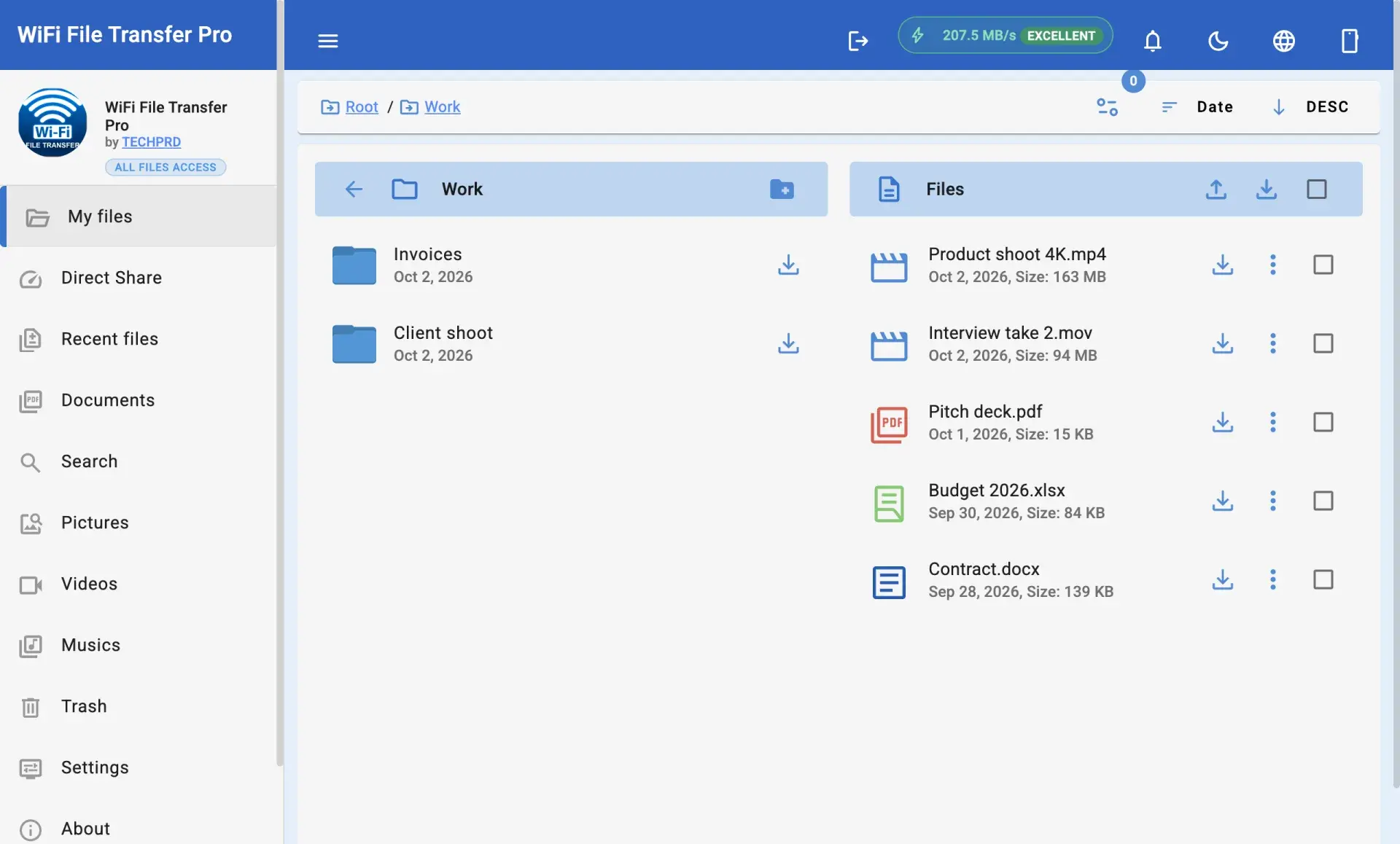 FileTransfer Desktop affichant le dossier Work d'un téléphone Android connecté