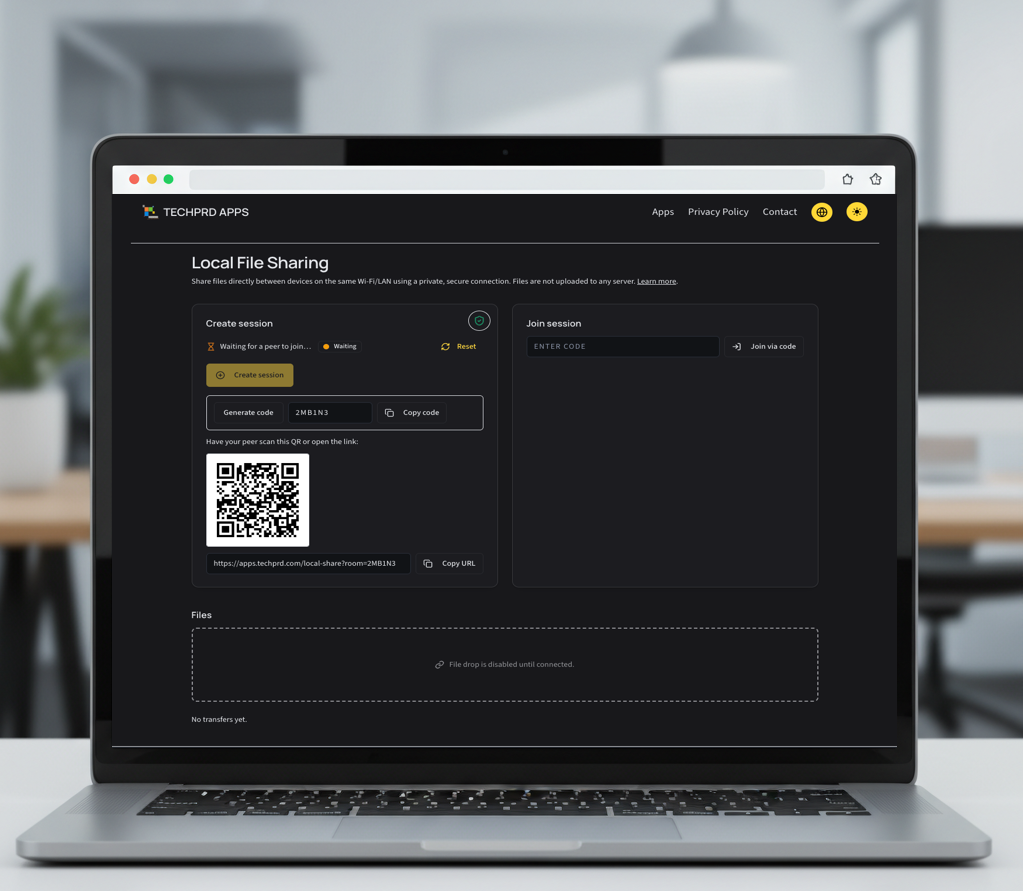 Local Share interface with Room ID and QR code