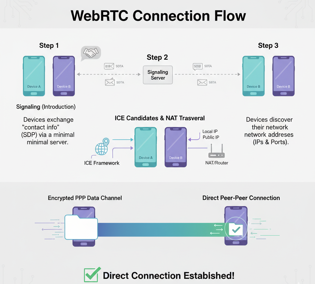 Infographic detailing WebRTC connection and ICE/SDP signaling flow