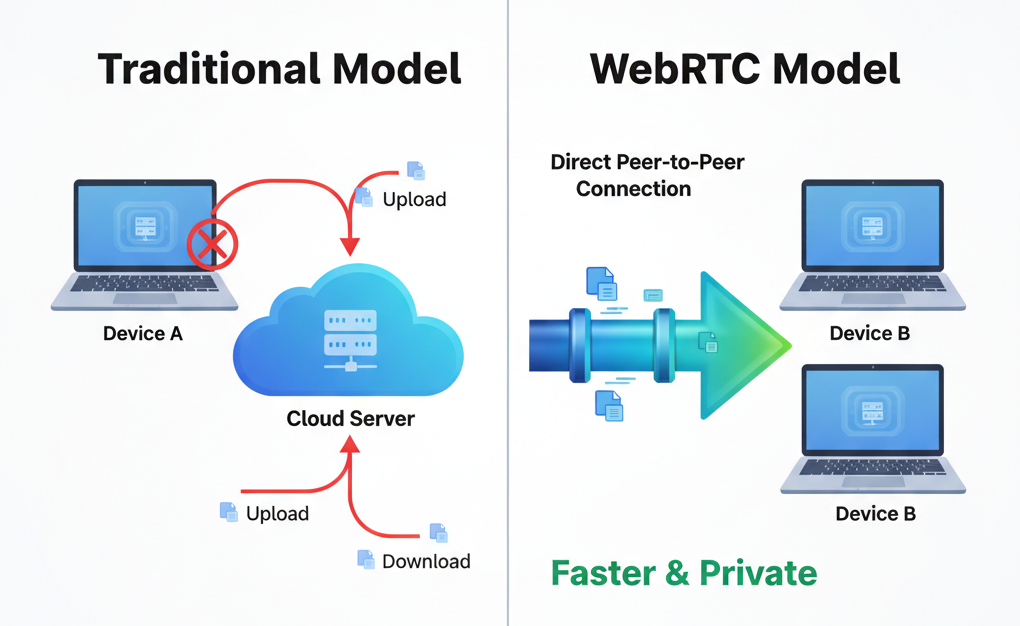Traditional server model vs WebRTC peer‑to‑peer model